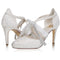 Women's Memory Foam Bridal Shoes Closed Toe 3.3'' Stiletto High Heel Lace Satin Pumps Ribbon Tie Wedding Shoes - florybridal
